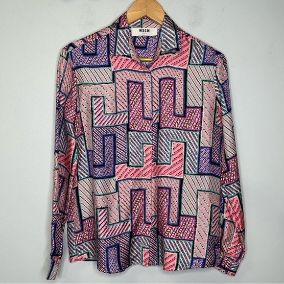 MSGM Milano Women’s Pink Multicolor Geometric Logo Print Silk Blouse Top 40, S - Picture 1 of 10